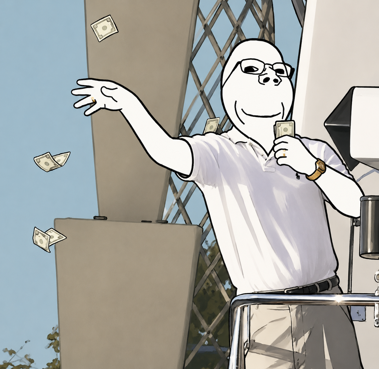 $NERD mascot throwing dollar bills from a balcony