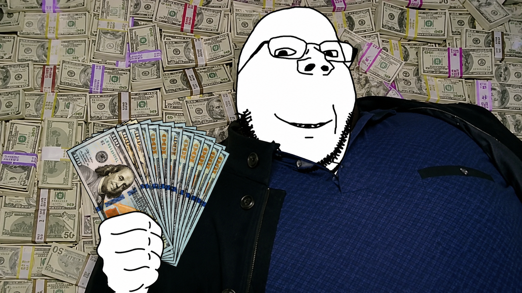 $NERD mascot standing in front of a wall of cash