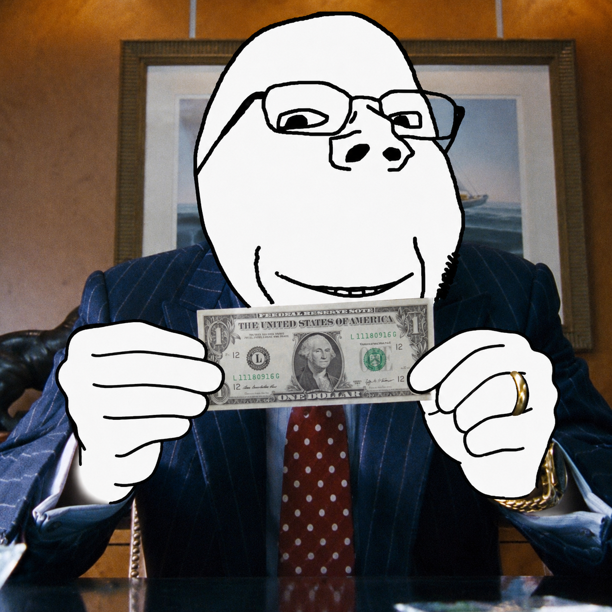$NERD mascot holding a single dollar in an office