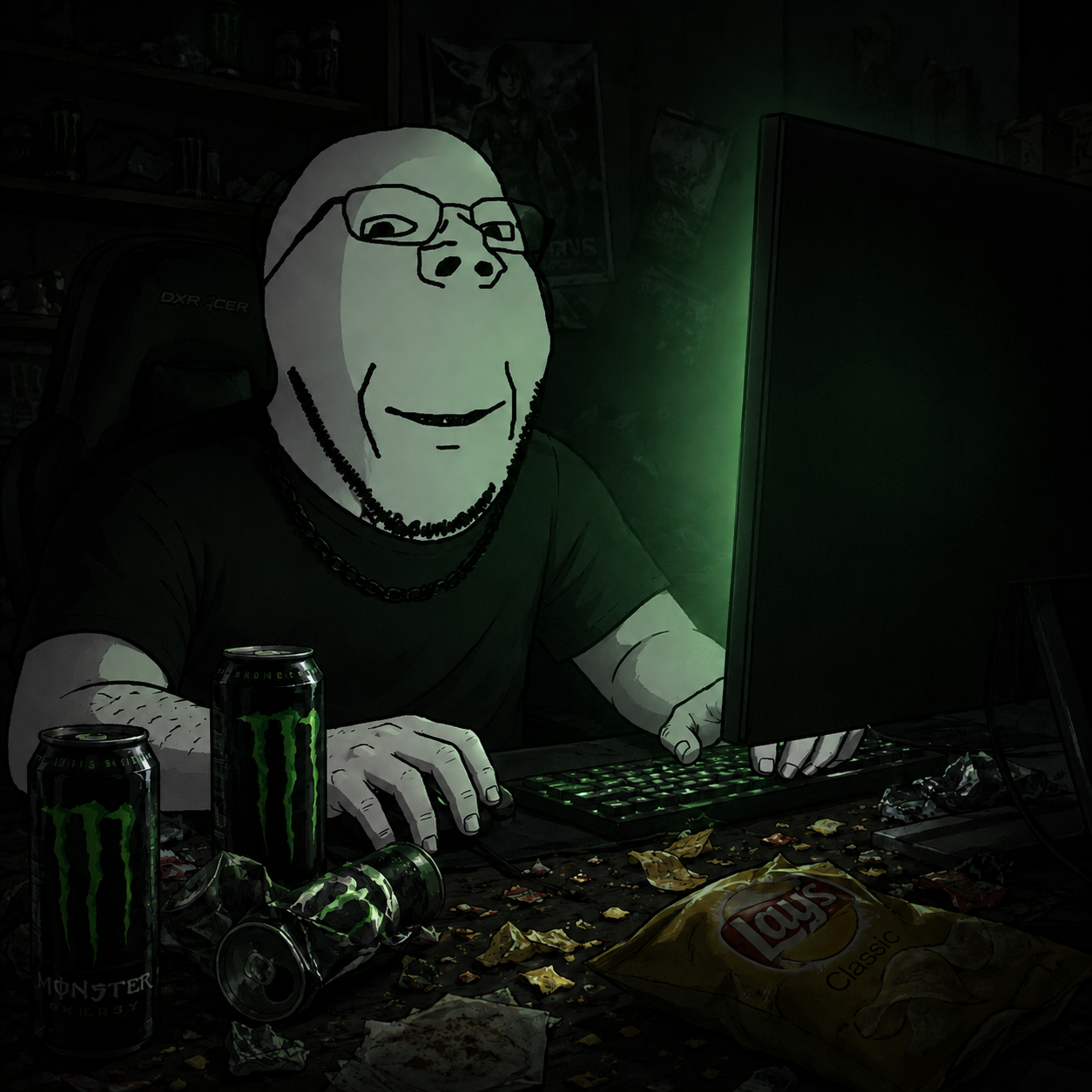 $NERD mascot at a dark computer setup watching the market