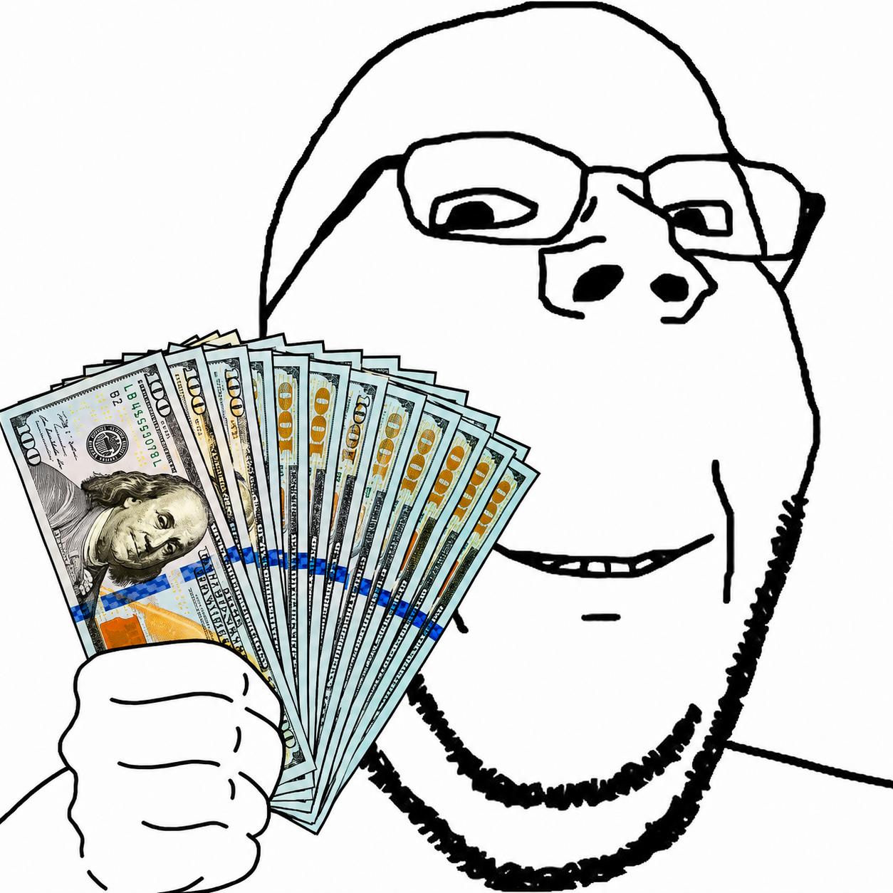$NERD mascot holding a fan of real dollars